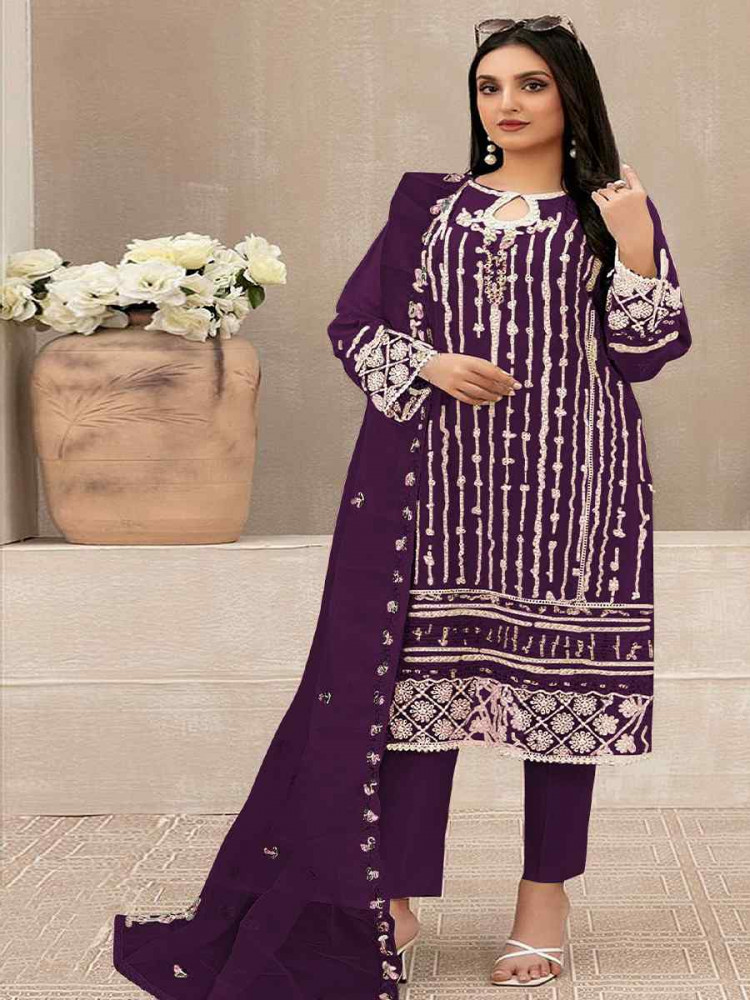 Purple Georgette Embroidered Festival Wedding Pant Salwar Kameez