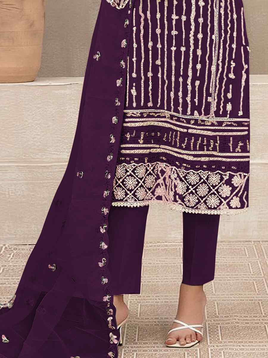 Purple Georgette Embroidered Festival Wedding Pant Salwar Kameez