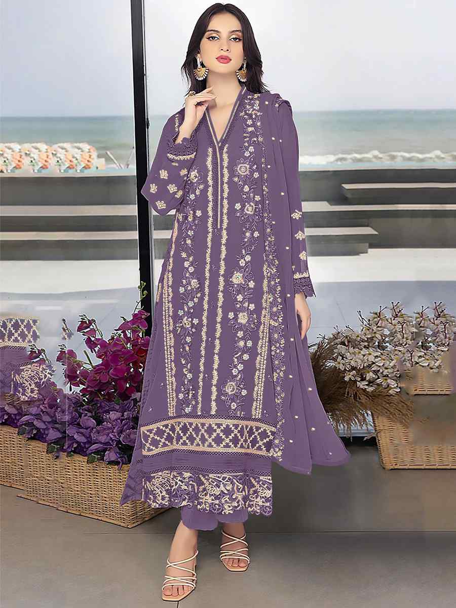 Purple Georgette Embroidered Festival Wedding Pant Salwar Kameez