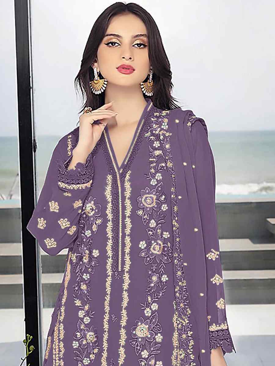 Purple Georgette Embroidered Festival Wedding Pant Salwar Kameez