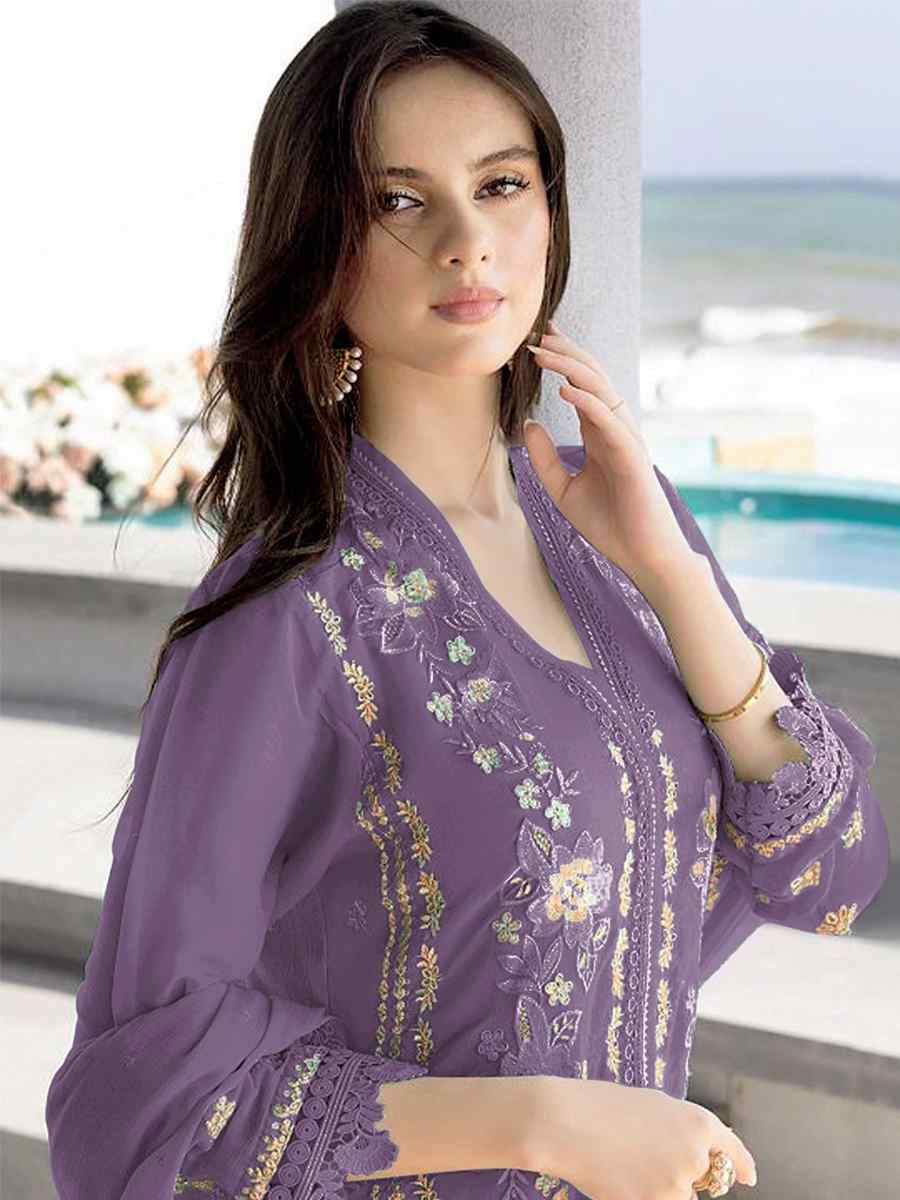 Purple Georgette Embroidered Festival Wedding Pant Salwar Kameez