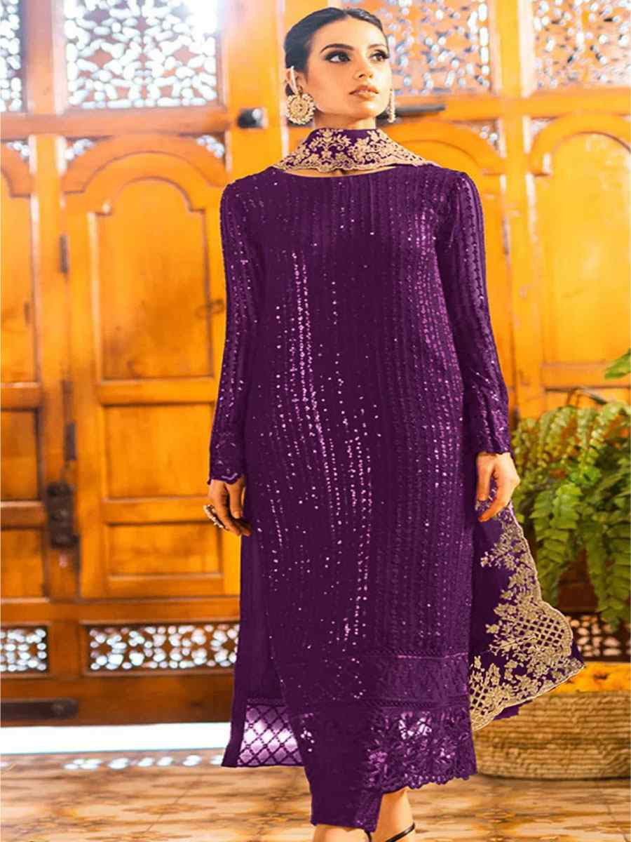 Purple Georgette Embroidered Festival Wedding Pant Salwar Kameez