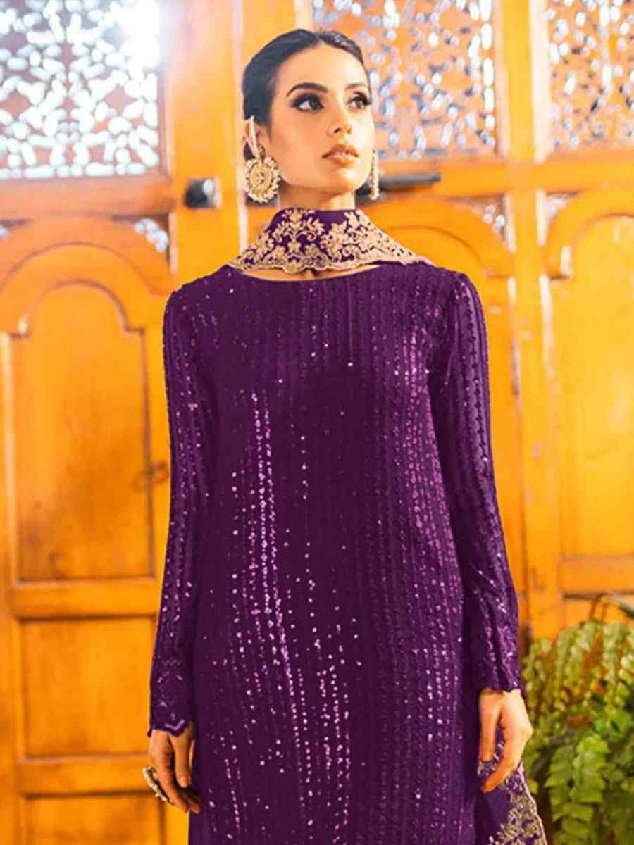 Purple Georgette Embroidered Festival Wedding Pant Salwar Kameez