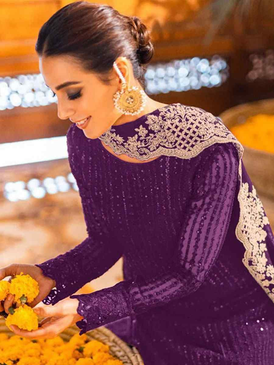 Purple Georgette Embroidered Festival Wedding Pant Salwar Kameez