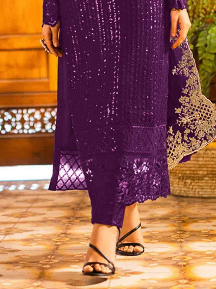 Purple Georgette Embroidered Festival Wedding Pant Salwar Kameez