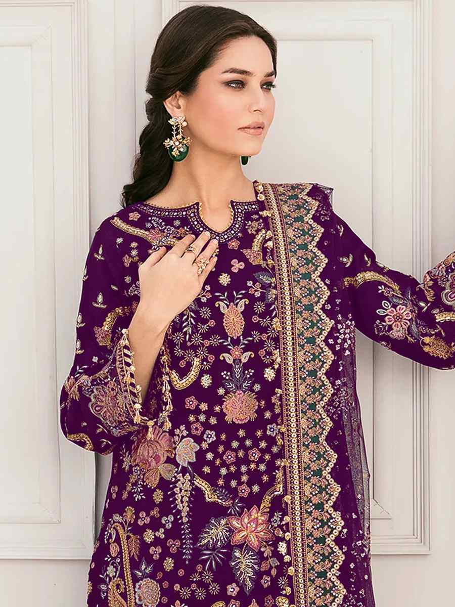 Purple Georgette Embroidered Festival Wedding Pant Salwar Kameez