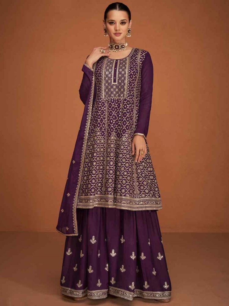 Purple Georgette Embroidered Festival Wedding Ready Sharara Pant Salwar Kameez