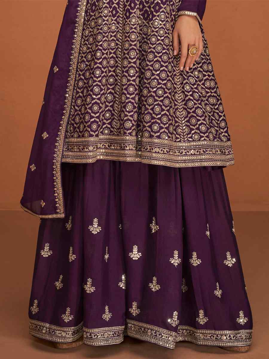 Purple Georgette Embroidered Festival Wedding Ready Sharara Pant Salwar Kameez