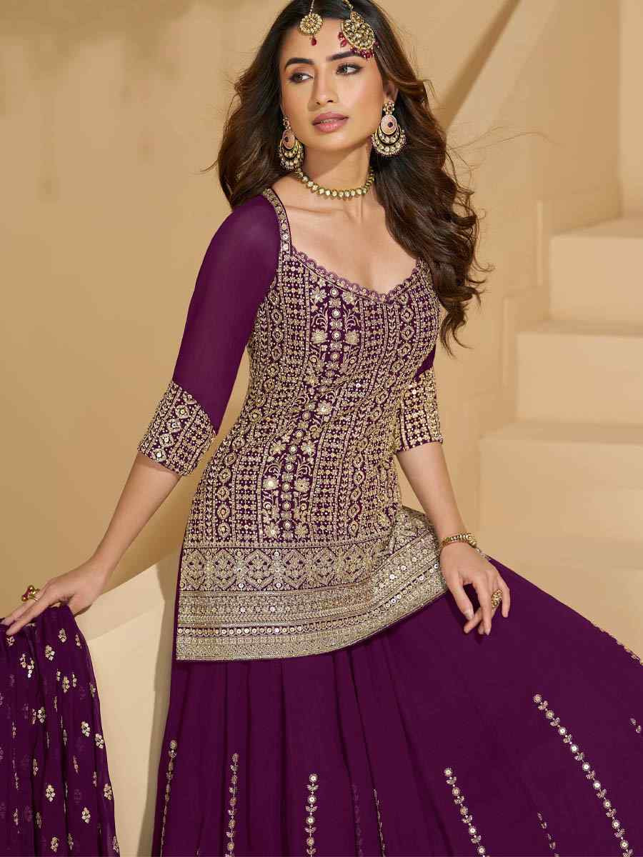 Purple Georgette Embroidered Festival Wedding Ready Skirt Salwar Kameez