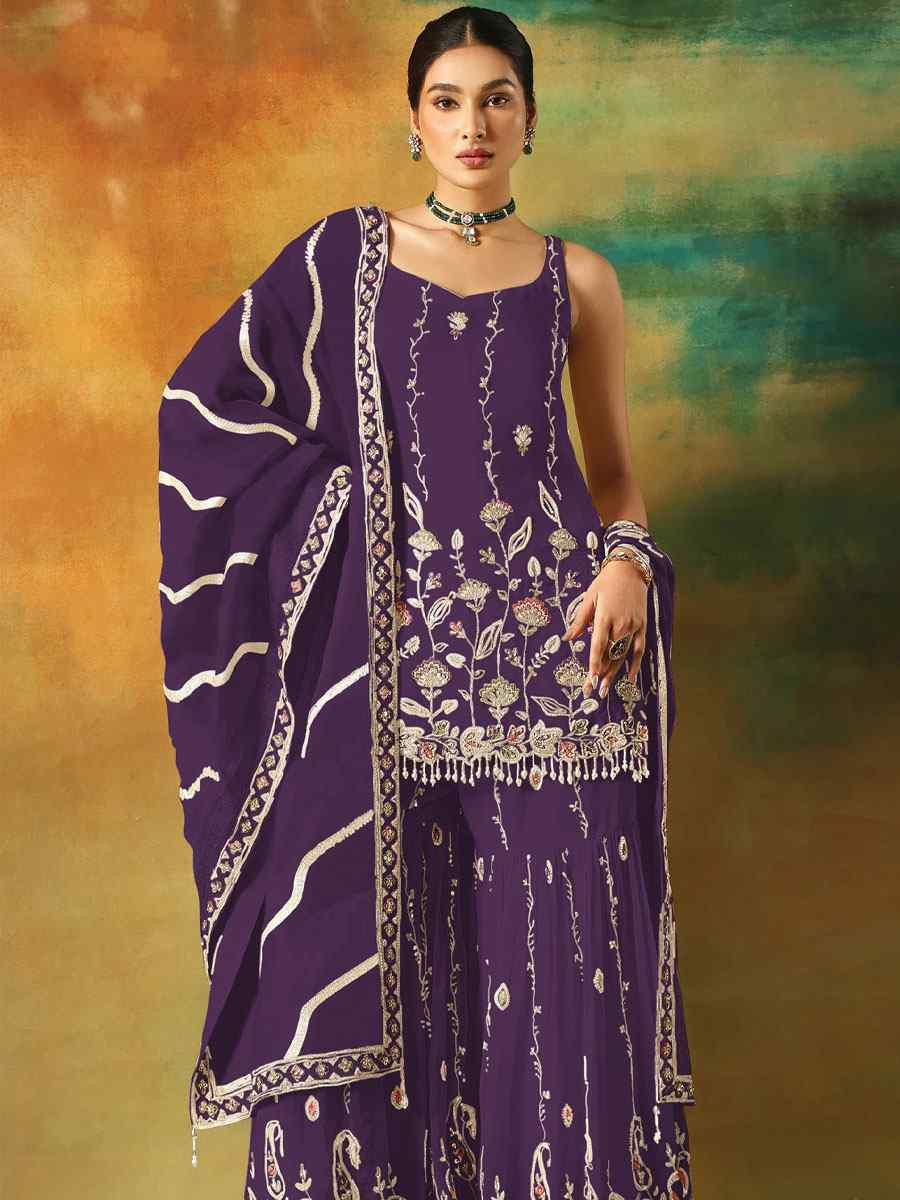 Purple Georgette Embroidered Festival Wedding Sharara Pant Salwar Kameez