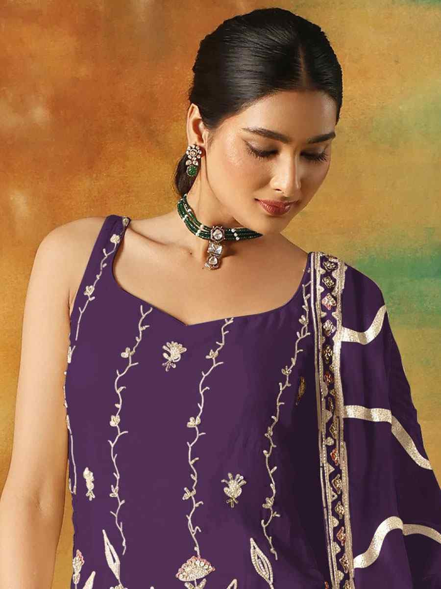 Purple Georgette Embroidered Festival Wedding Sharara Pant Salwar Kameez