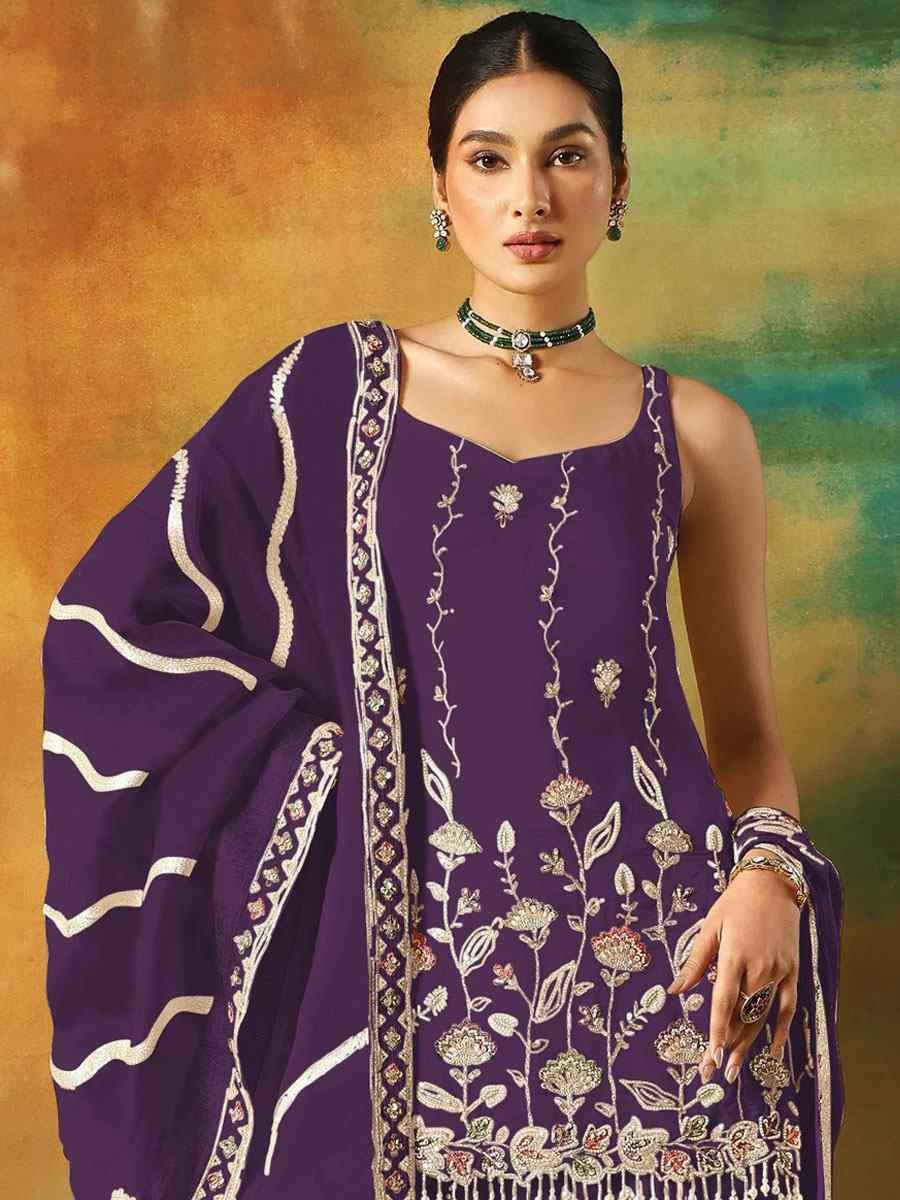 Purple Georgette Embroidered Festival Wedding Sharara Pant Salwar Kameez