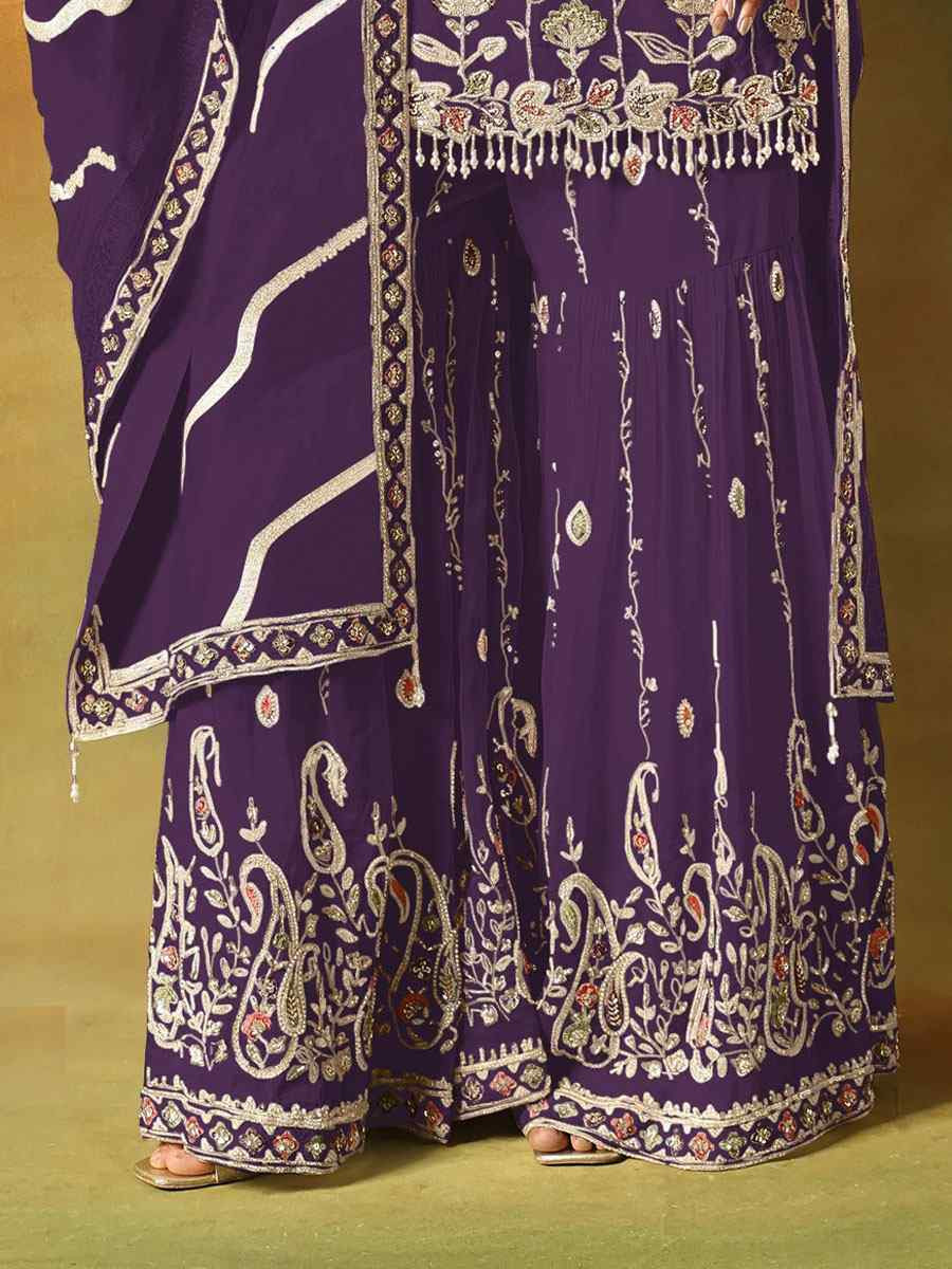Purple Georgette Embroidered Festival Wedding Sharara Pant Salwar Kameez