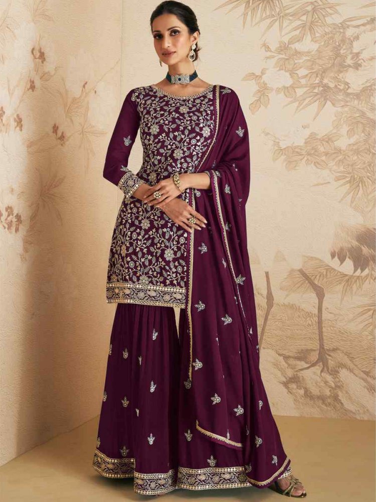 Purple Georgette Embroidered Festival Wedding Sharara Pant Salwar Kameez