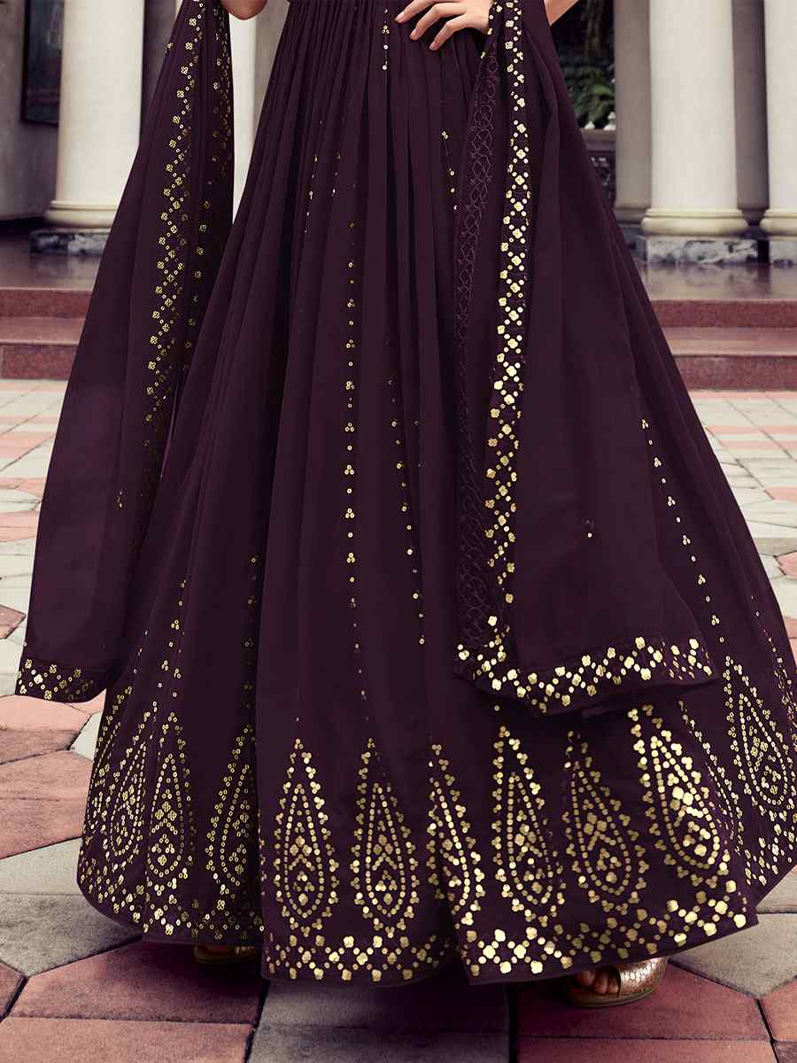 Purple Georgette Embroidered Party Gown