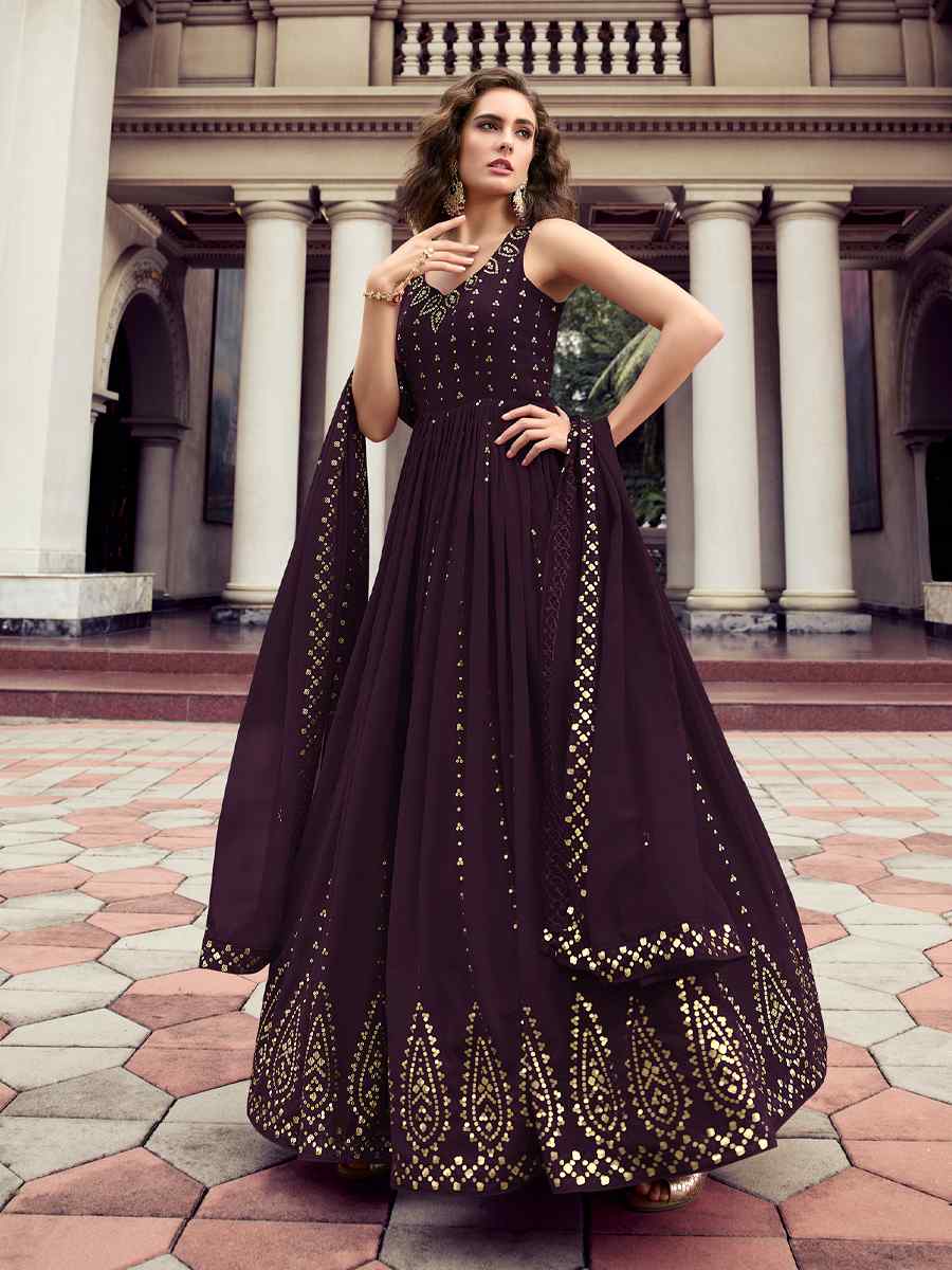 Purple Georgette Embroidered Party Gown