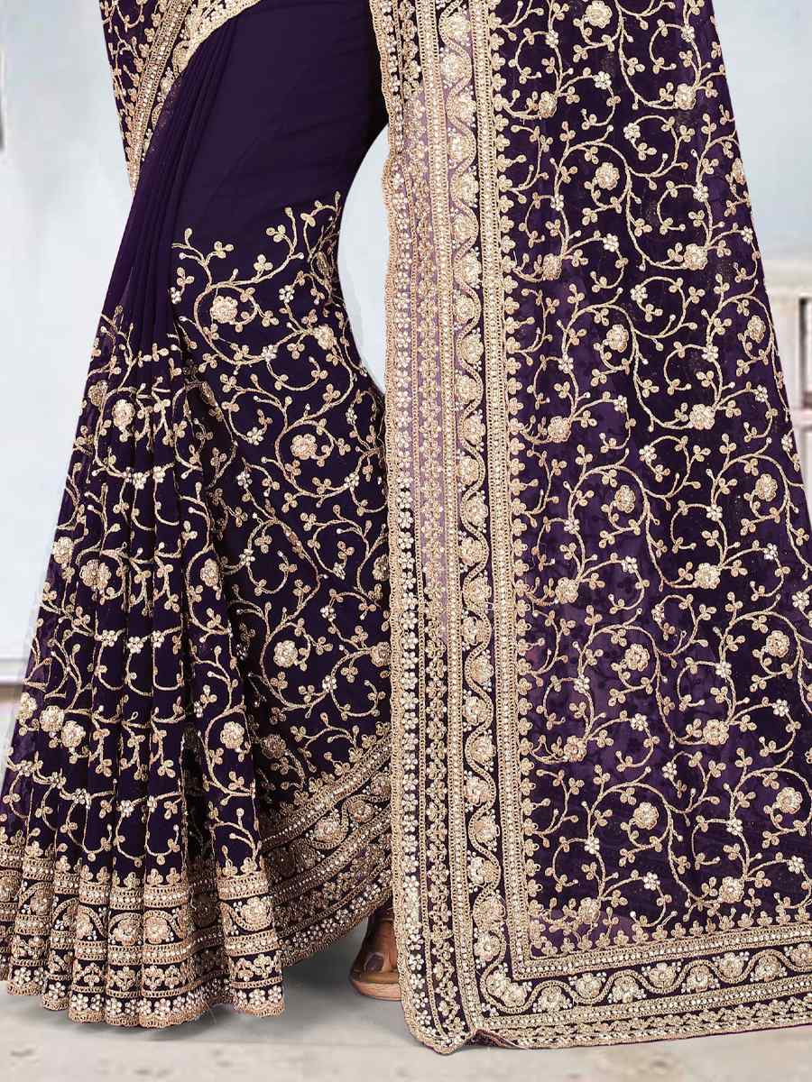 Purple Georgette Embroidered Party Wedding Heavy Border Saree