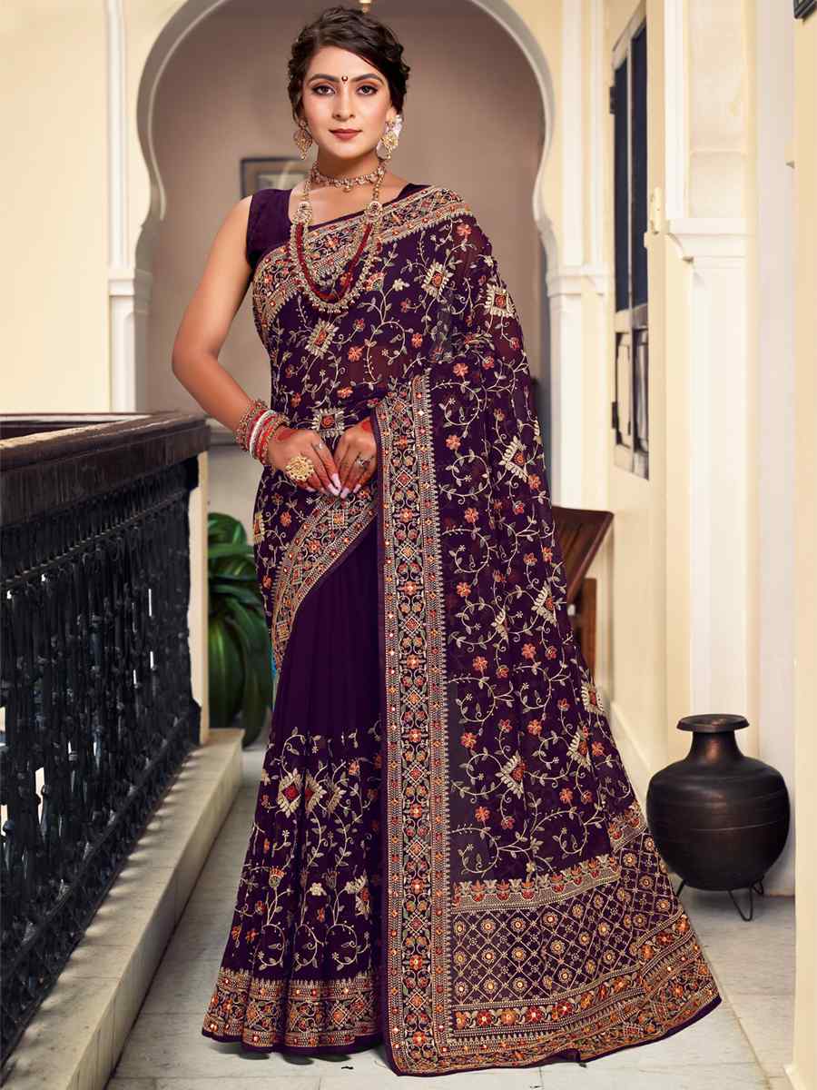 Purple Georgette Embroidered Reception Party Heavy Border Saree