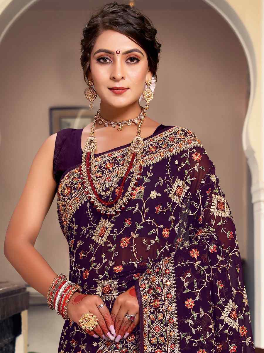 Purple Georgette Embroidered Reception Party Heavy Border Saree
