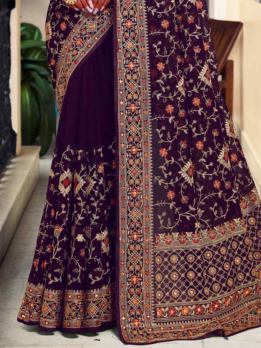 Purple Georgette Embroidered Reception Party Heavy Border Saree