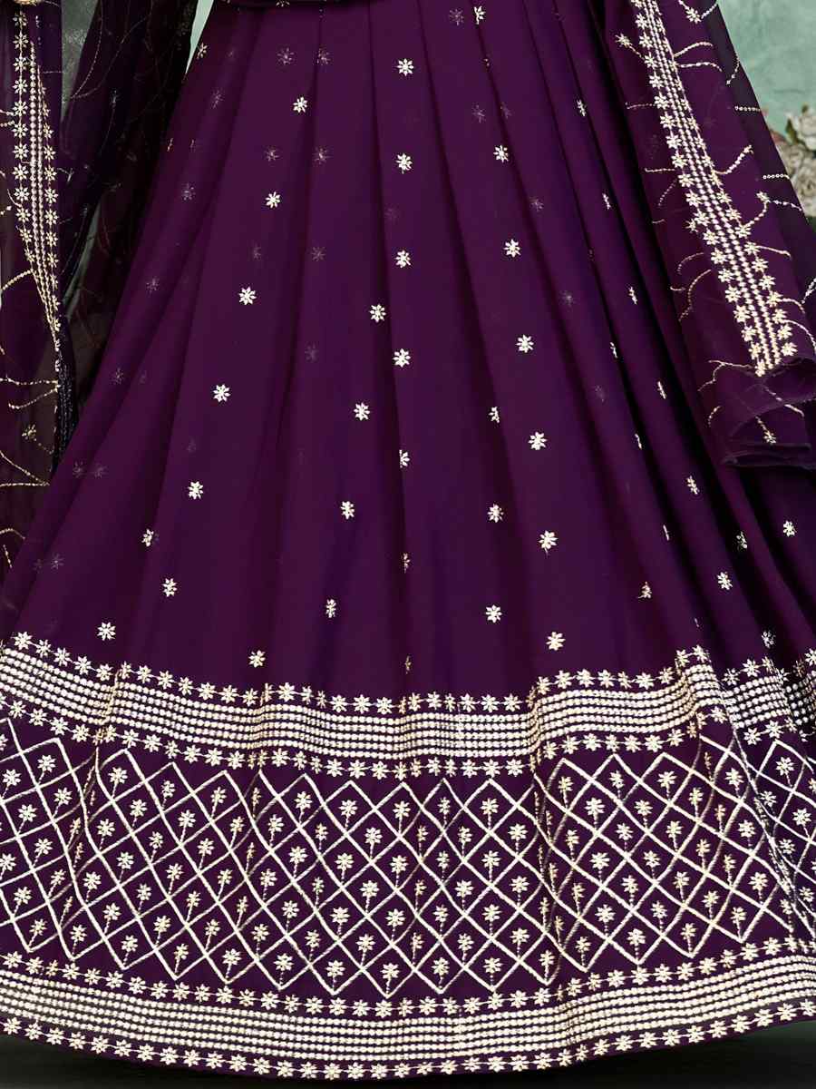 Purple Georgette Embroidered Reception Wedding Heavy Border Lehenga Choli
