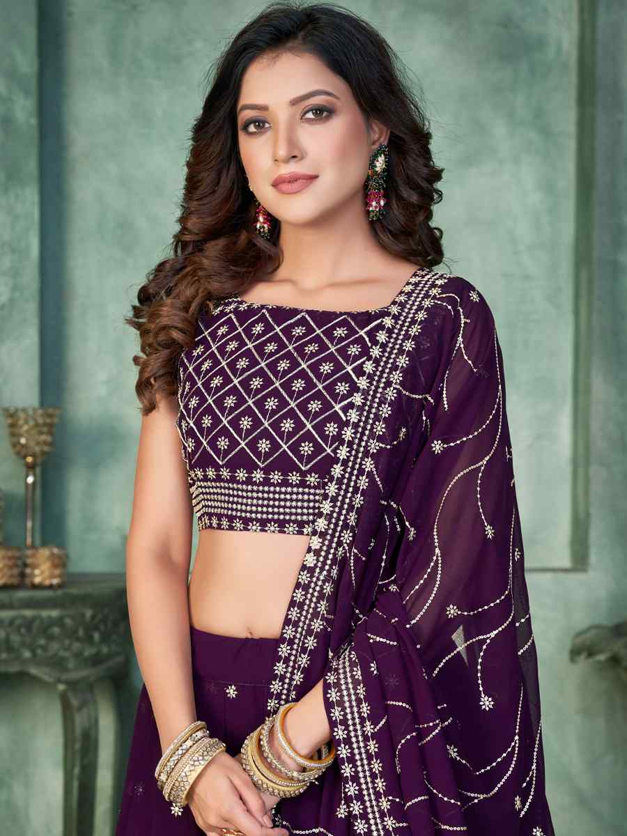 Purple Georgette Embroidered Reception Wedding Heavy Border Lehenga Choli