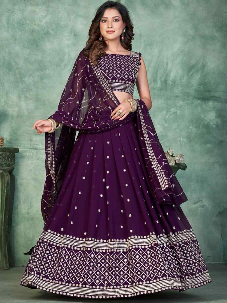 Purple Georgette Embroidered Reception Wedding Heavy Border Lehenga Choli