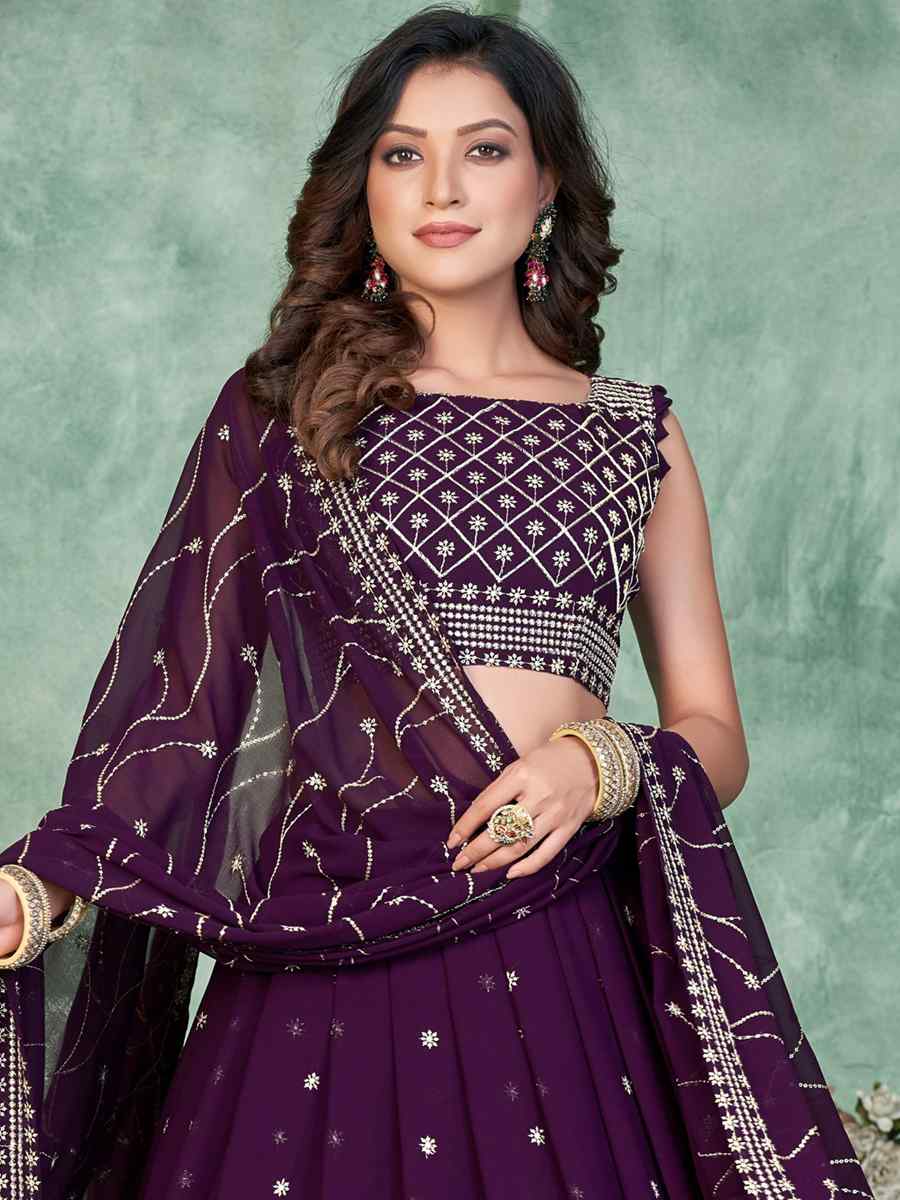 Purple Georgette Embroidered Reception Wedding Heavy Border Lehenga Choli