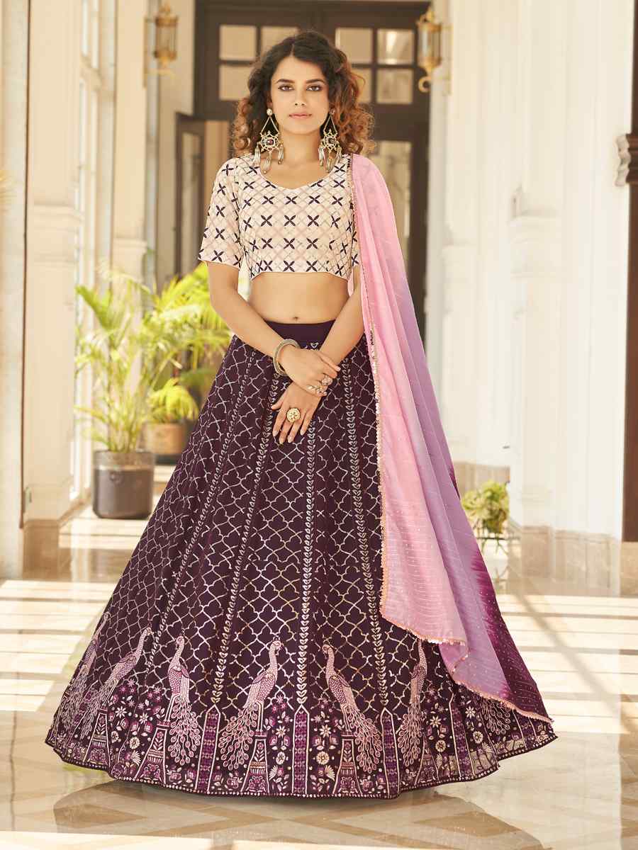 Purple Georgette Embroidered Sequins Wedding Festival Circular Lehenga Choli