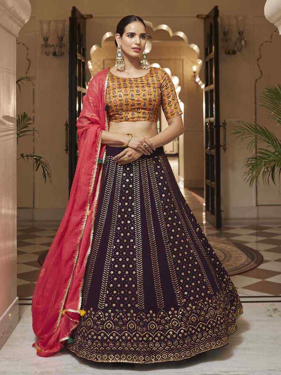 Purple Georgette Embroidered Wedding Festival Heavy Border Lehenga Choli