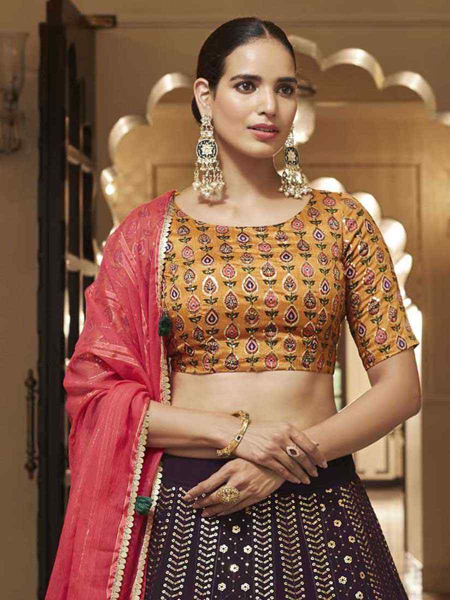 Purple Georgette Embroidered Wedding Festival Heavy Border Lehenga Choli