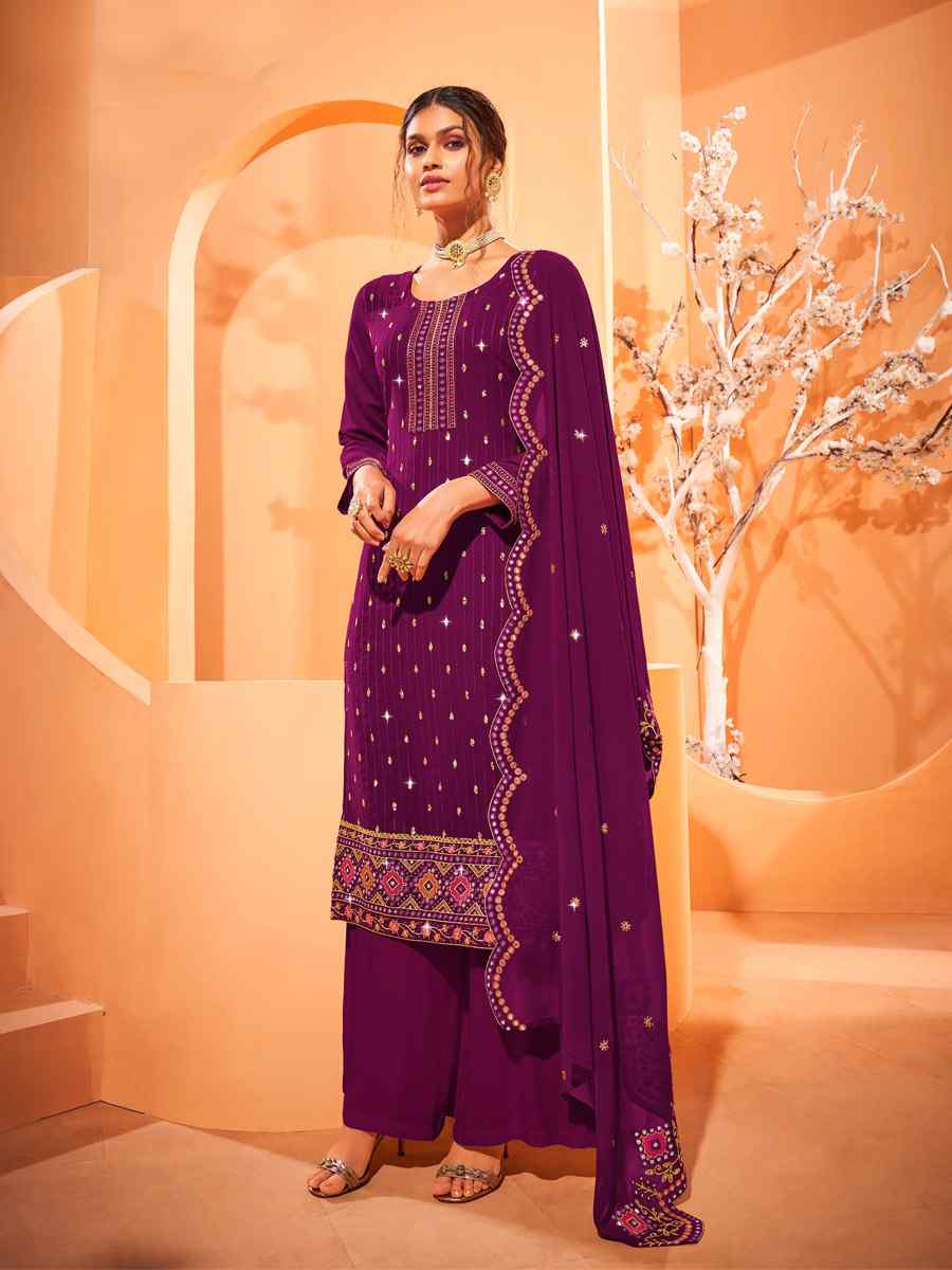 Purple Georgette Embroidered Wedding Mehendi Palazzo Pant Salwar Kameez