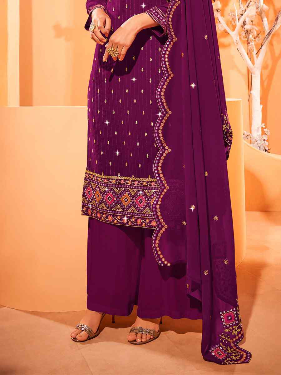 Purple Georgette Embroidered Wedding Mehendi Palazzo Pant Salwar Kameez