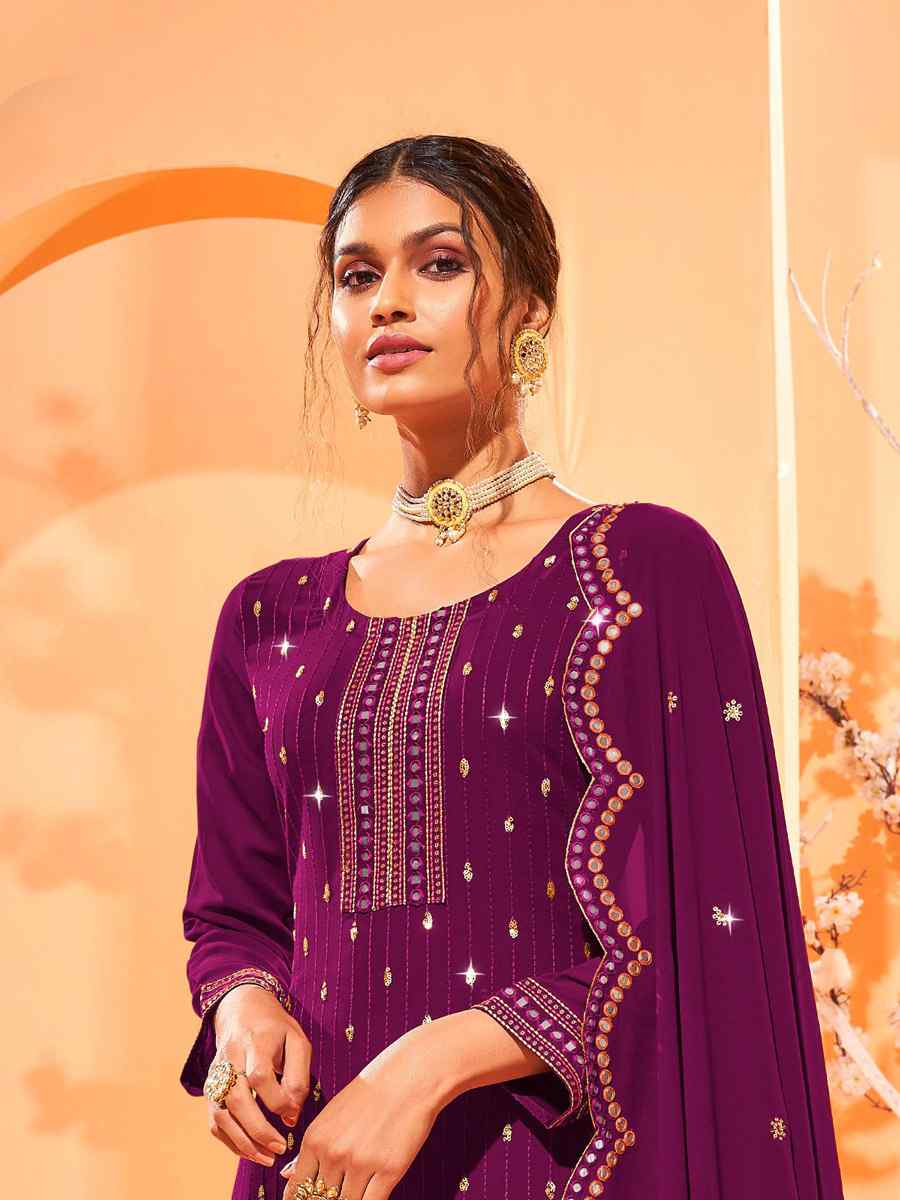 Purple Georgette Embroidered Wedding Mehendi Palazzo Pant Salwar Kameez