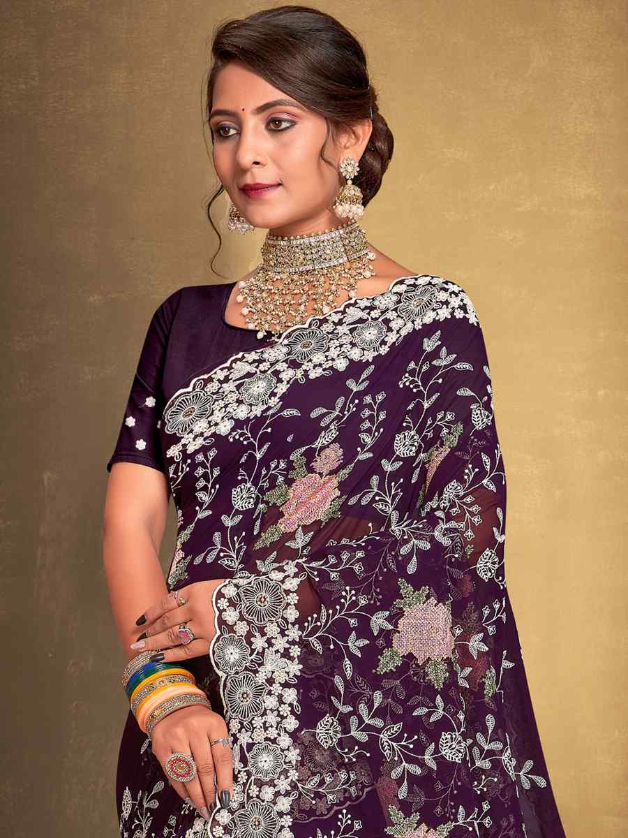 Purple Georgette Embroidered Wedding Party Heavy Border Saree