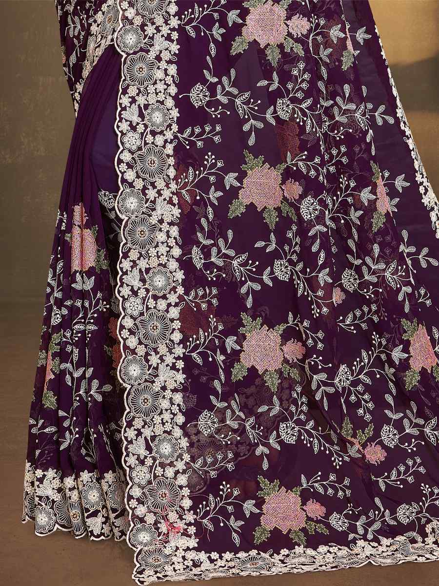 Purple Georgette Embroidered Wedding Party Heavy Border Saree