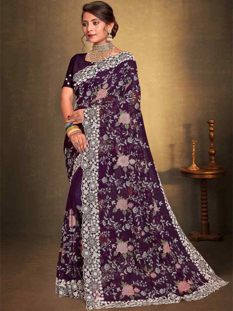 Purple Georgette Embroidered Wedding Party Heavy Border Saree