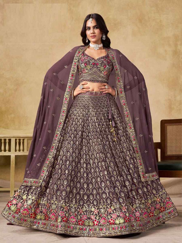 Image of Purple Georgette Embroidered Wedding Reception Festival Heavy Border Lehenga Choli