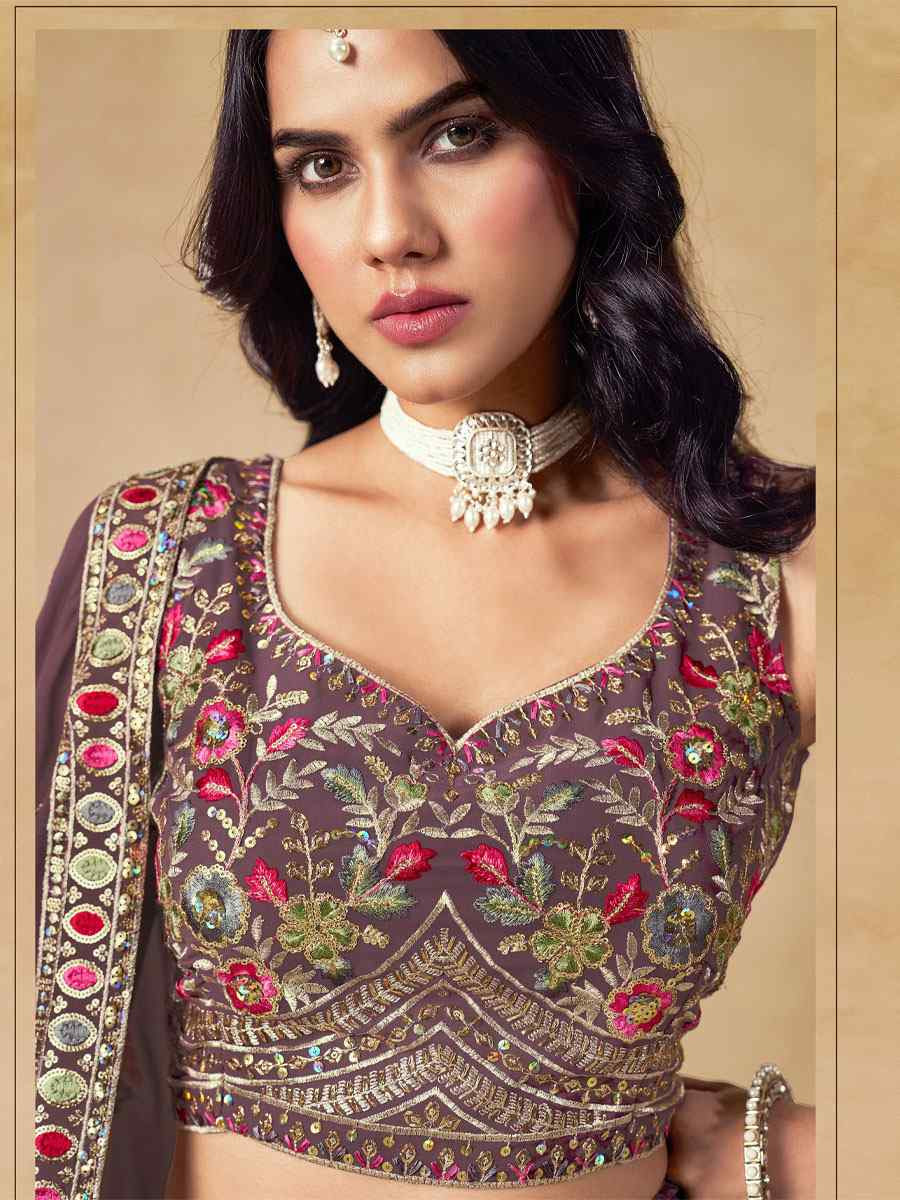 Purple Georgette Embroidered Wedding Reception Festival Heavy Border Lehenga Choli