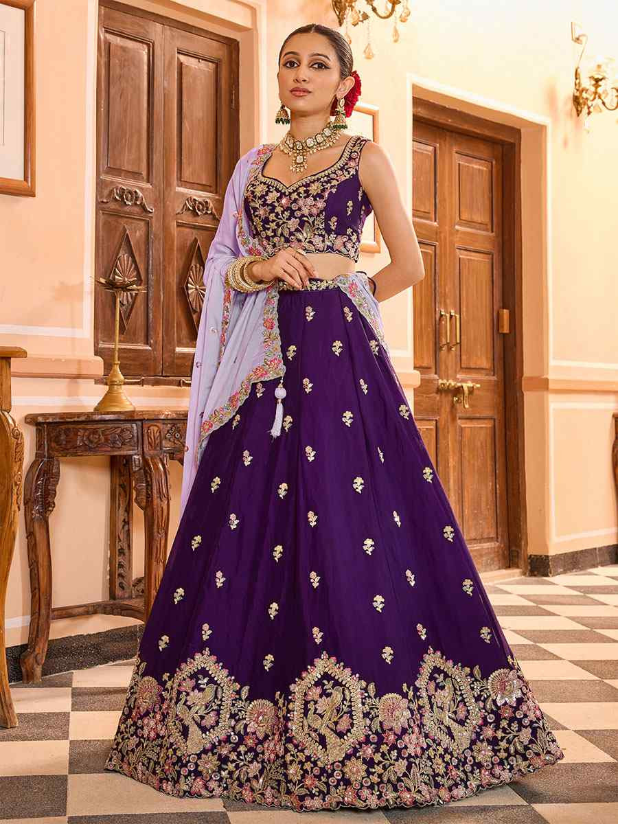 Purple Georgette Embroidered Wedding Reception Festival Heavy Border Lehenga Choli