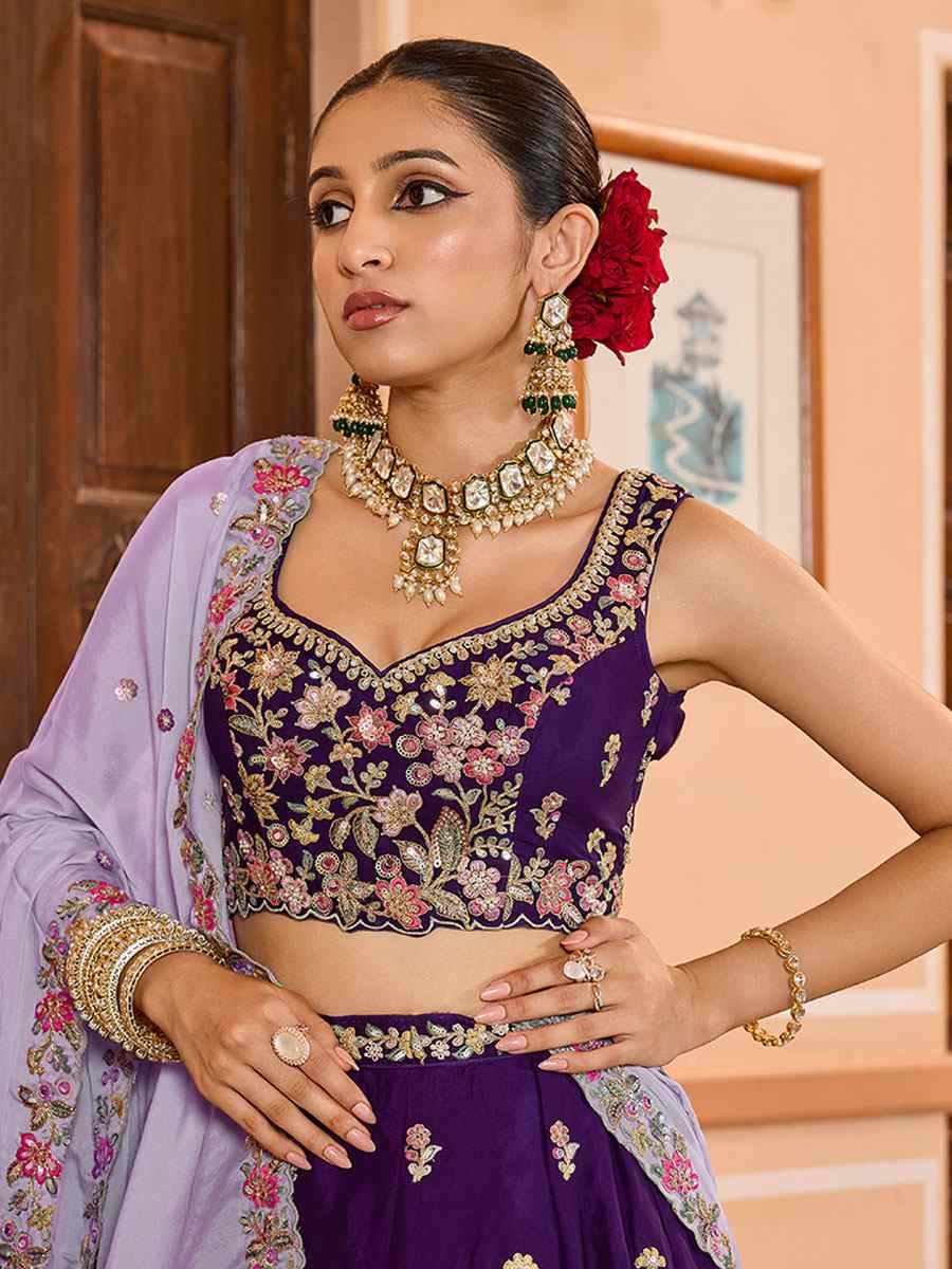 Purple Georgette Embroidered Wedding Reception Festival Heavy Border Lehenga Choli