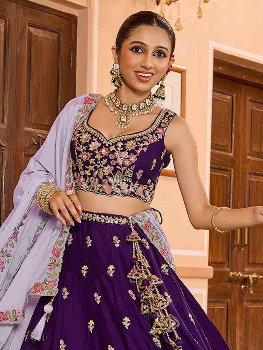 Purple Georgette Embroidered Wedding Reception Festival Heavy Border Lehenga Choli
