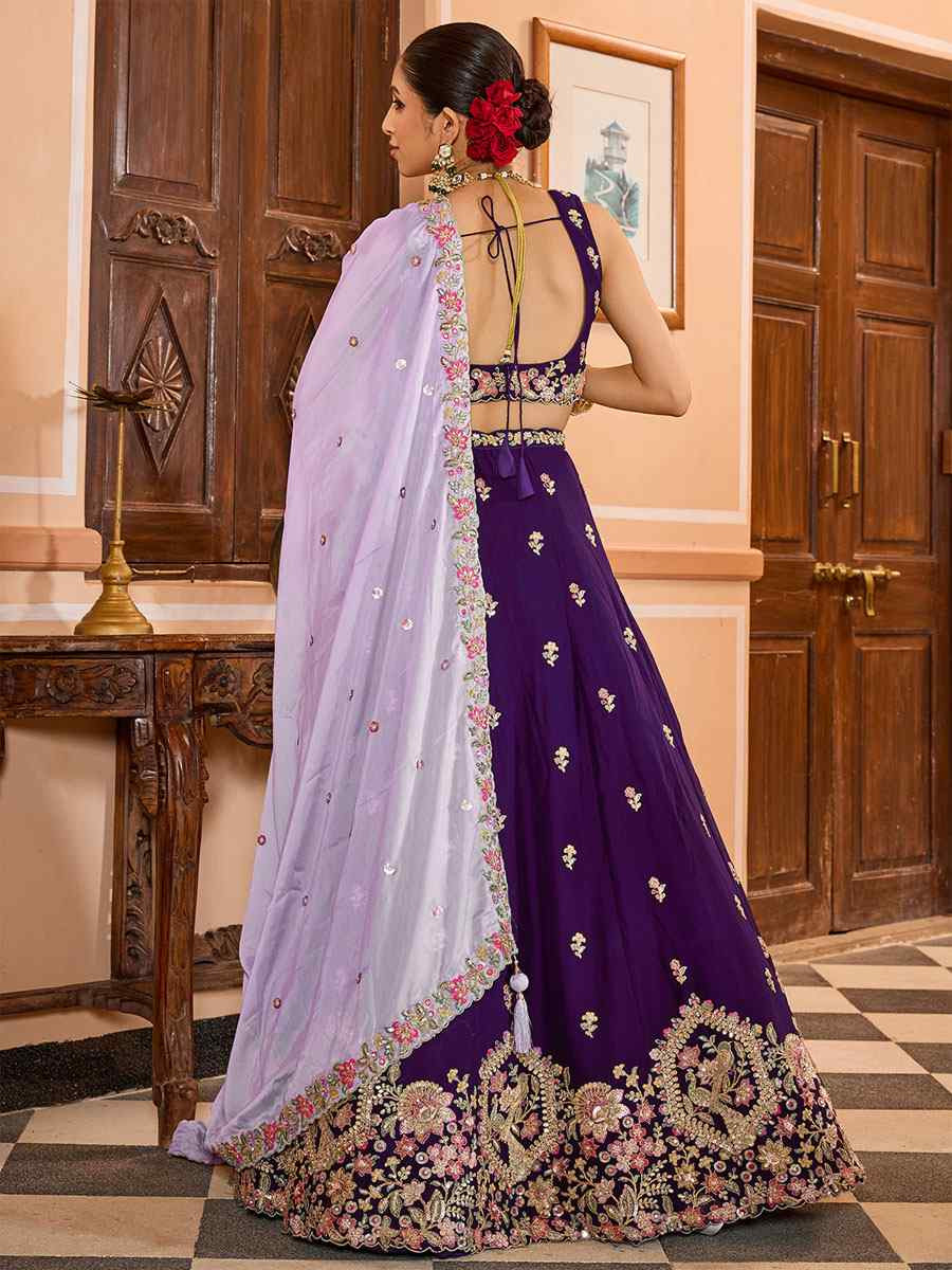 Purple Georgette Embroidered Wedding Reception Festival Heavy Border Lehenga Choli
