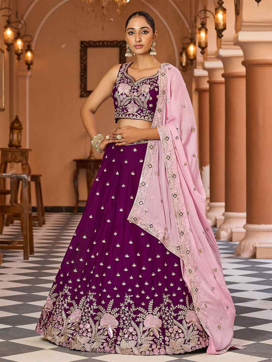 Purple Georgette Embroidered Wedding Reception Festival Heavy Border Lehenga Choli
