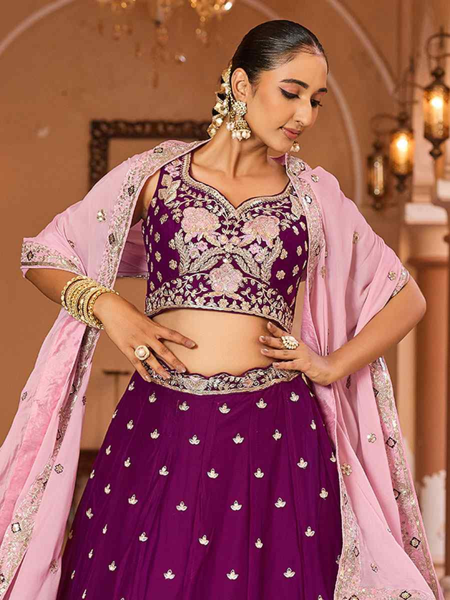 Purple Georgette Embroidered Wedding Reception Festival Heavy Border Lehenga Choli