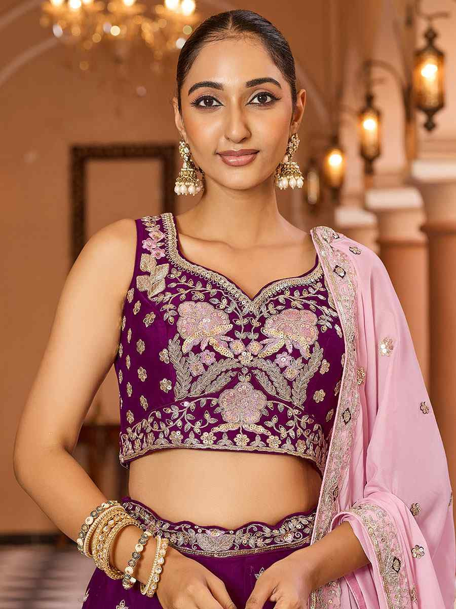 Purple Georgette Embroidered Wedding Reception Festival Heavy Border Lehenga Choli