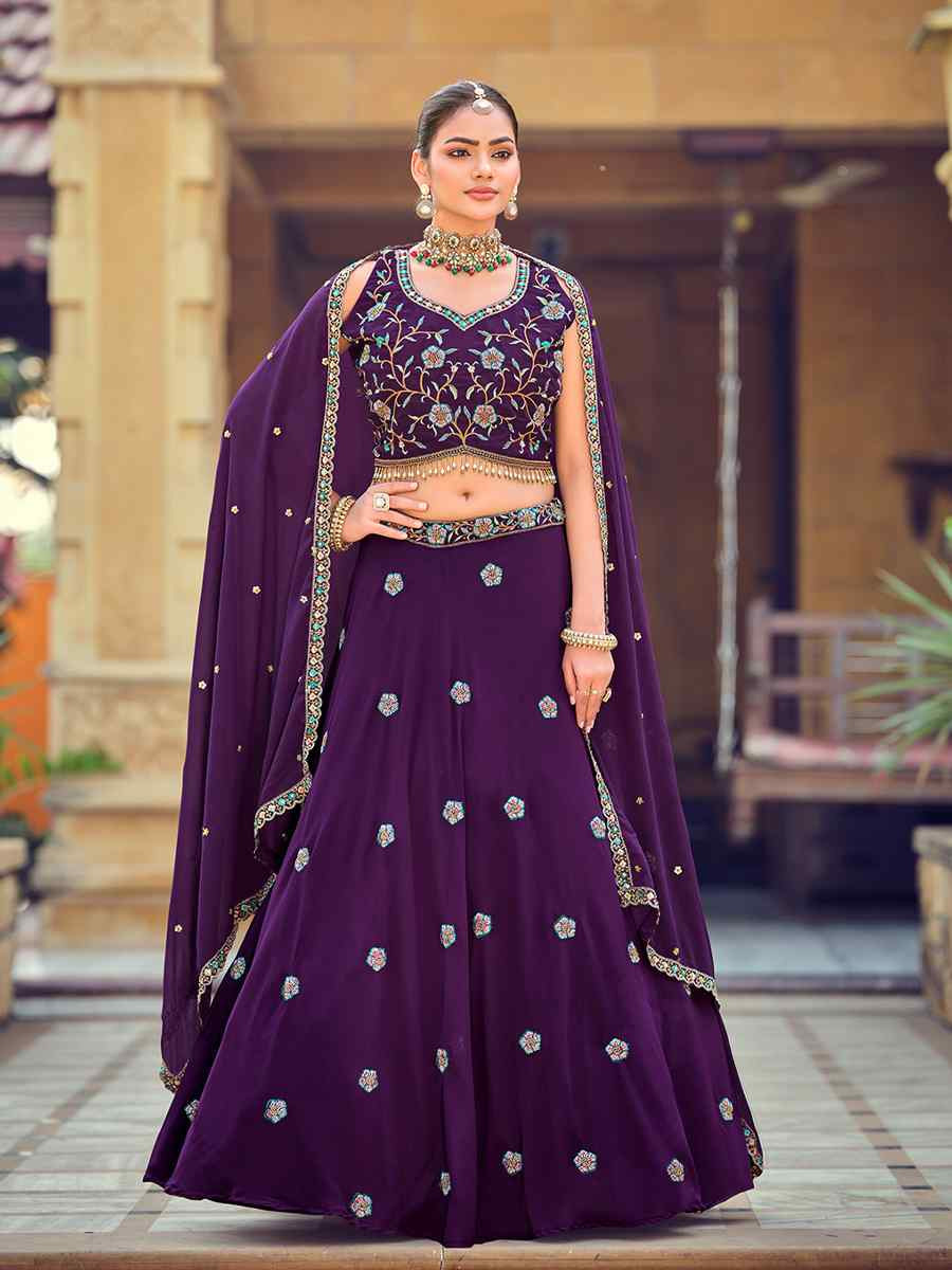 Purple Georgette Embroidered Wedding Reception Festival Heavy Border Lehenga Choli