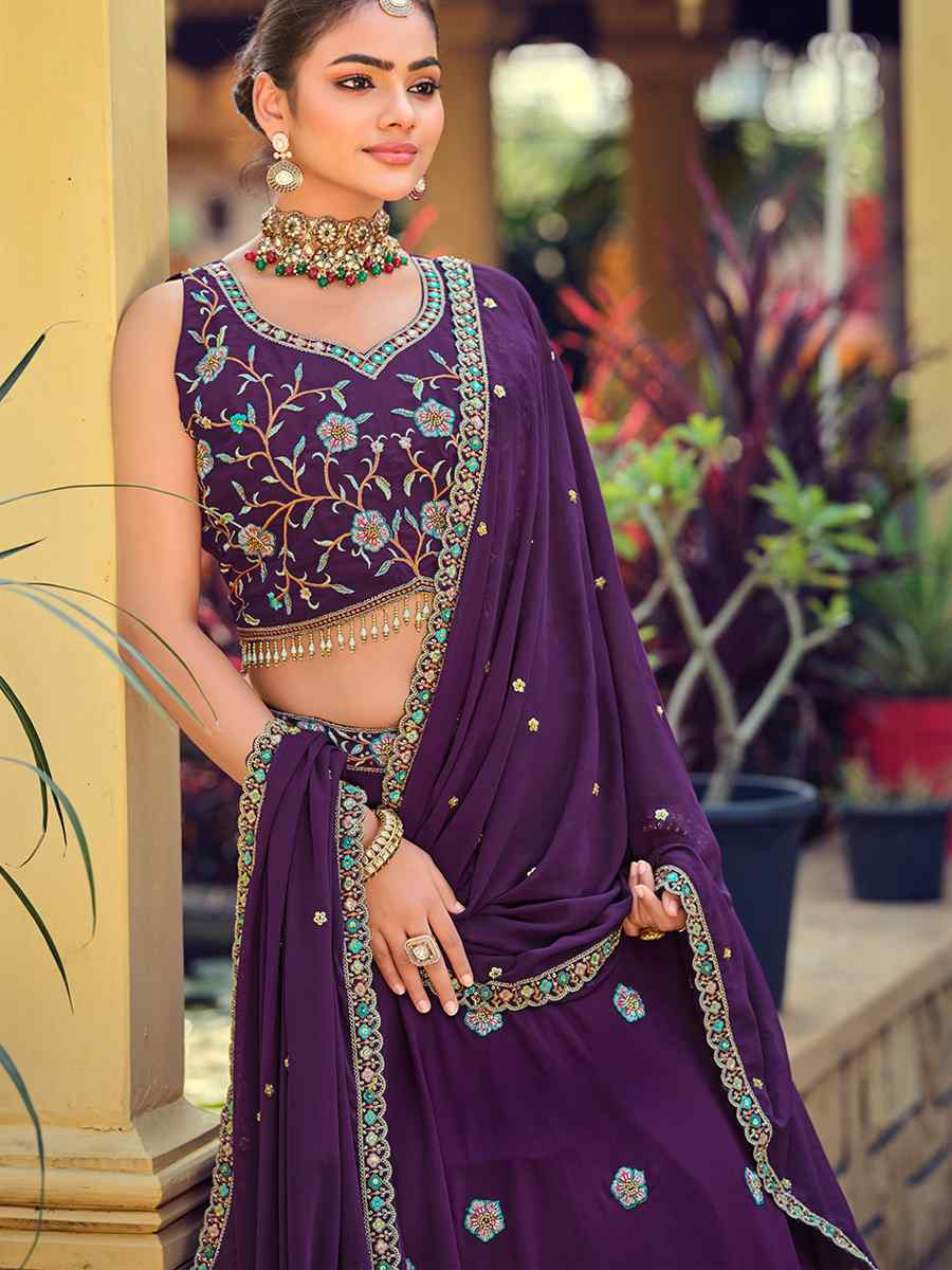 Purple Georgette Embroidered Wedding Reception Festival Heavy Border Lehenga Choli