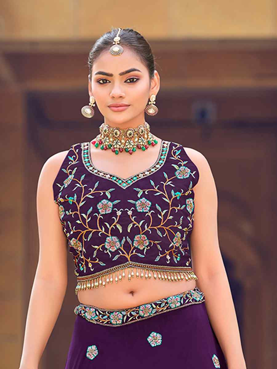 Purple Georgette Embroidered Wedding Reception Festival Heavy Border Lehenga Choli