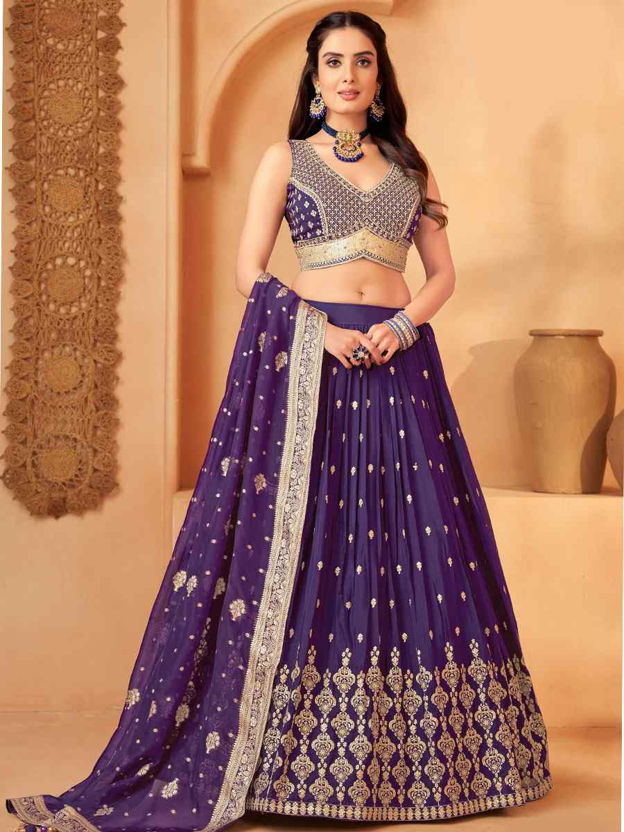 Purple Georgette Embroidered Wedding Reception Festival Ready Heavy Border Lehenga Choli